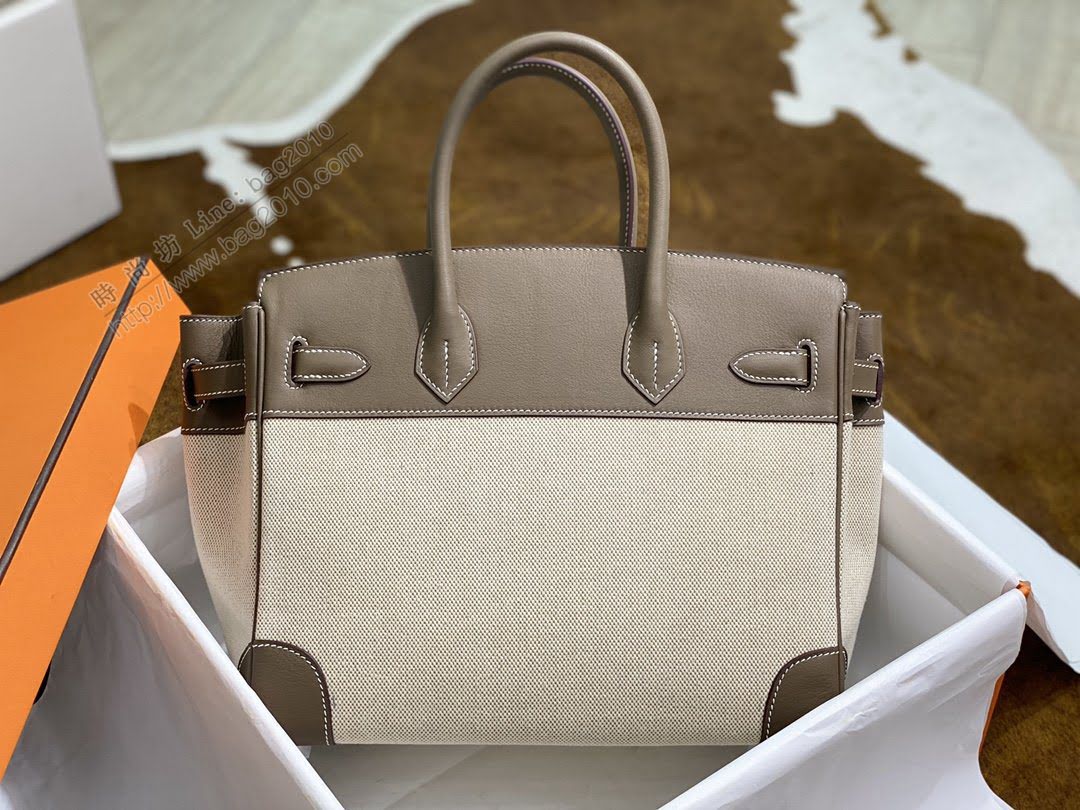 Hermesn鉑金女包 愛馬仕Birkin手提包 Swift皮 拼接原版帆布 中古款 全手工縫製  am2301